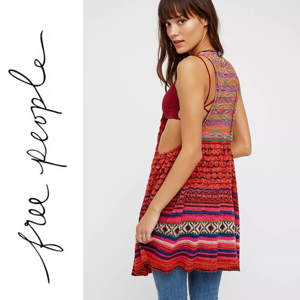 FREE PEOPLE “Rare Hearts” Knitted Tunic Top Dress Multicolor Sz S Boho Colorful